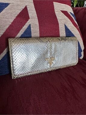 Prada Metallic Silver Python Wallet with Gold Logo
